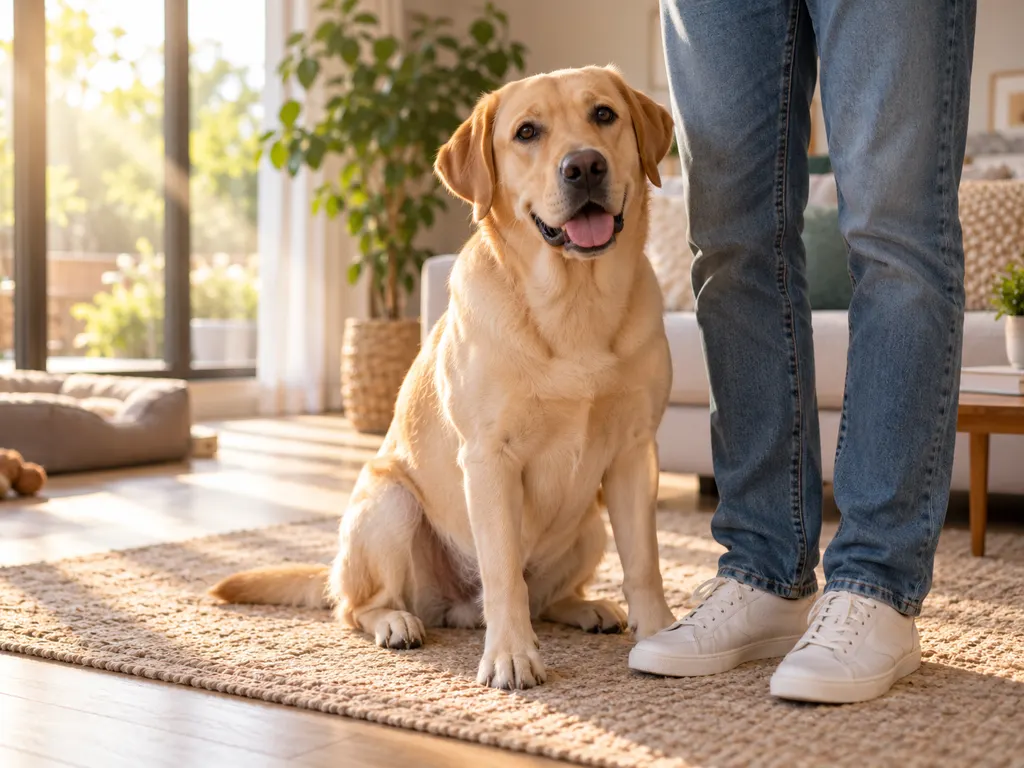 Calm Labrador sitting attentively beside its owner at home