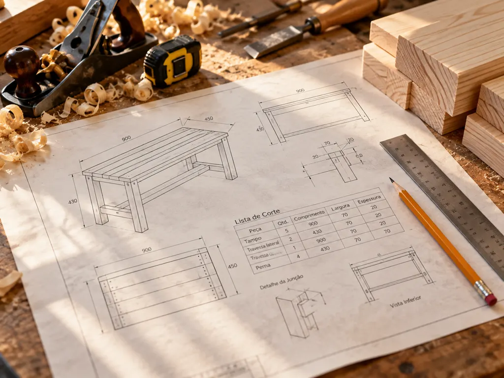 Detailed woodworking plans with measurements and cutting list on a workbench